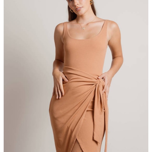 TAN WRAP MIDI DRESS - Picture 2 of 4